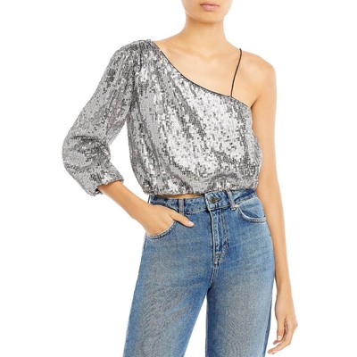 

Alice + Olivia Женская короткая укороченная рубашка Lucinda Silver с пайетками  BHFO 8180, Серебряный