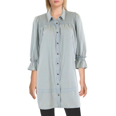 Free People Womens Blue Cotton mocked Bell Sleeves Tunic Top XL BHFO 4308