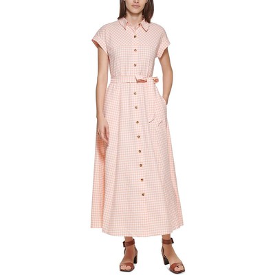 

Calvin Klein Женское оранжевое длинное летнее платье-рубашка в мелкую клетку  BHFO 7391, Orange/white check