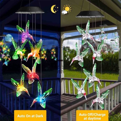 Solar Powered Color-Changing LED Hummingbird Wind Chimes Light Garden Yard Decor
