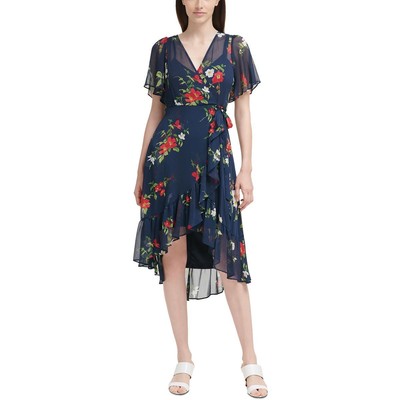Женское темно-синее платье-футляр миди с оборками и цветочным принтом Calvin Klein 12 BHFO 2195