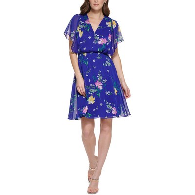 

Женское синее коктейльное и вечернее платье с v-образным вырезом и цветочным принтом DKNY  BHFO 7858, Blue multi