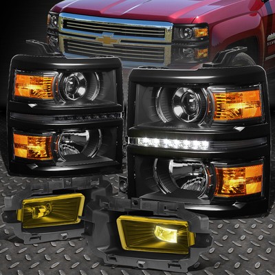 ДЛЯ 2014-2015 CHEVY SILVERADO ЧЕРНАЯ СВЕТОДИОДНАЯ ФАРА ПРОЕКТОРА DRL + ПРОТИВОТУМАННАЯ ФАРА ЯНТАРНОГО ЦВЕТА