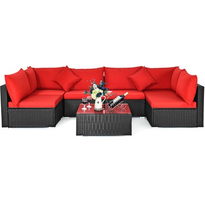 7PCS Patio Rattan Sofa Set Sectional Conversation Furniture Set Garden Red
