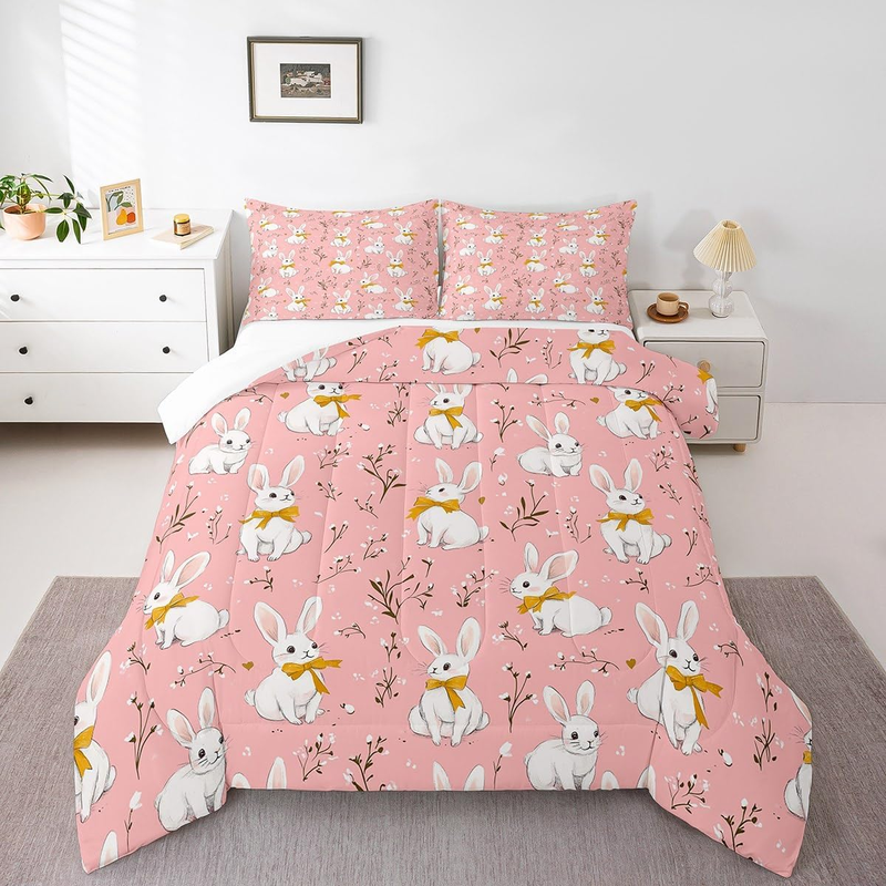 Cute Rabbit Bedding Set Cartoon Bunny Pink Decor Comforter Set for Kids Boys Gir