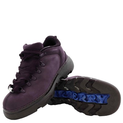 Pre-owned Burberry Men's Aubergine Lace-up Leather Trek Ankle Boots In Purple