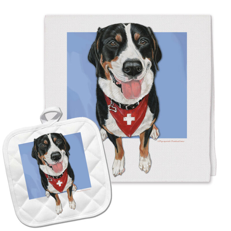 Greater Swiss Mountain Dog Kitchen Dish Towel and Pot Holder Gift Set