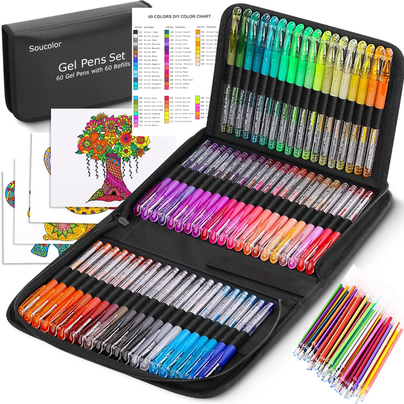 Soucolor Glitter Gel Pens for Adult Coloring Books, 120 Pack-60 Glitter Pens, 60
