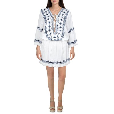 

Melissa Odabash Женское белое мини-платье-туника с вышивкой  BHFO 3654, White/navy