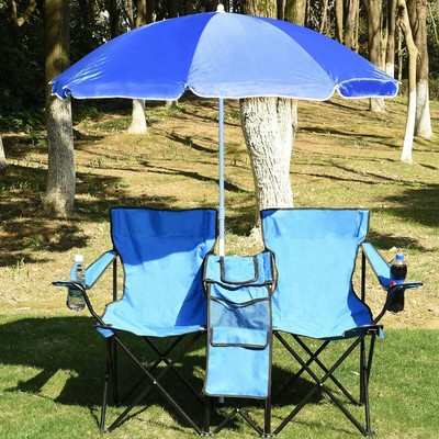 Beach Chair Folding Lightweight Double Camping Picnic Seat with Umbrella, Blue