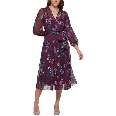 Calvin Klein Womens Purple Chiffon Floral Midi Wrap Dress 2 BHFO 3789