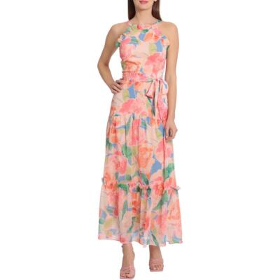 

Женское летнее платье макси с цветочным принтом Maggy London BHFO 5760, Blue/peach