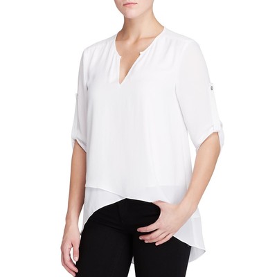 Karen Kane Womens White Sheer V-Neck Hi-Low Blouse L BHFO 9585