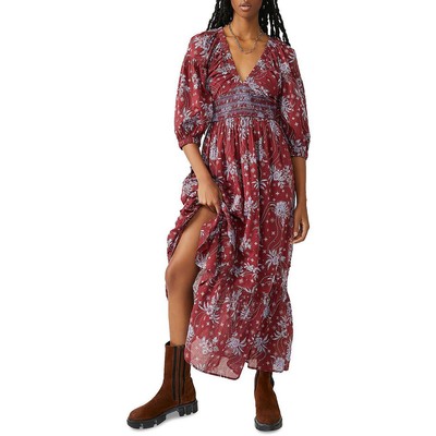 Женское красное хлопчатобумажное макси-платье Free People с длинным рукавом L BHFO 7119