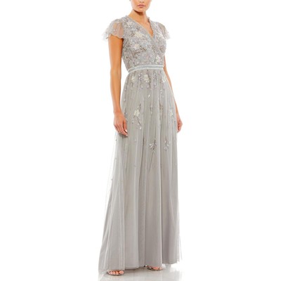 Женское серое макси-вечернее платье Mac Duggal, расшитое бисером, 16 BHFO 3342
