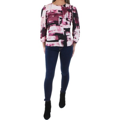 

DKNY Женская фиолетовая блузка с рюшами и длинными рукавами с принтом  BHFO 2076, Rose blossom