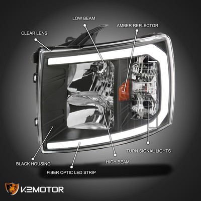 Fits 2007-2013 Chevy Silverado 1500 2500HD 3500HD LED Strip Headlights Black