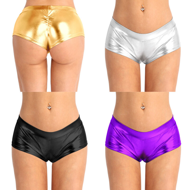 Womens Shiny Metallic Booty Shorts Wet Look Hot Pants Dance Party Disco Clubwear