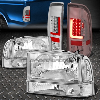 3D КРАСНЫЙ СВЕТОДИОДНЫЙ ХРОМИРОВАННЫЙ ПРОЗРАЧНЫЙ ЗАДНИЙ ФОНАРЬ + ХРОМИРОВАННАЯ ПРОЗРАЧНАЯ ФАРА ДЛЯ 99-04 SUPER DUTY