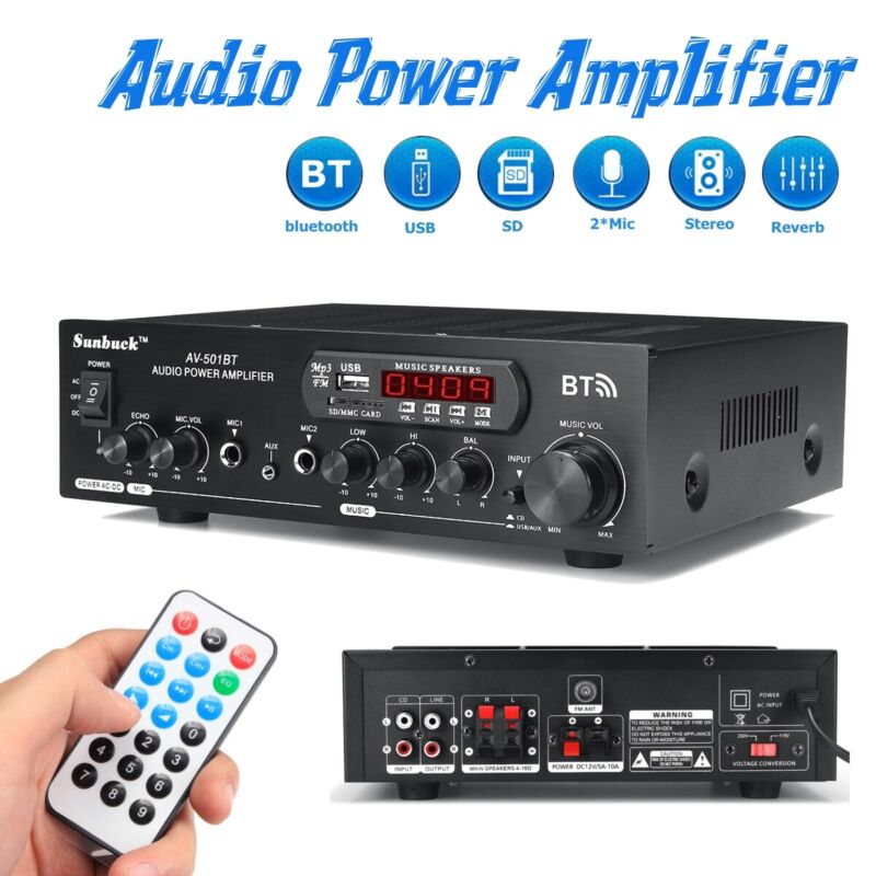 2000w Bluetooth Power Car/Home Stereo Amplifier Amp Audio Hifi 2ch 2 Mic Input 