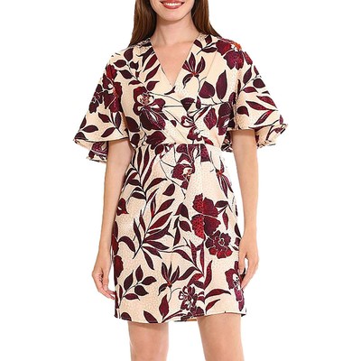 London Times Womens Tan Surplice Draped Casual Mini Dress 8 BHFO 6262