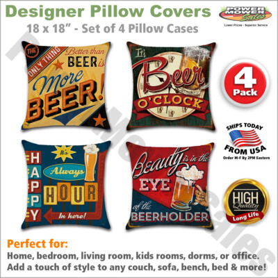 Set of 4 Pillow Covers 18x18, Man Cave Happy Hour Bar Décor Linen Fabric 45x45cm