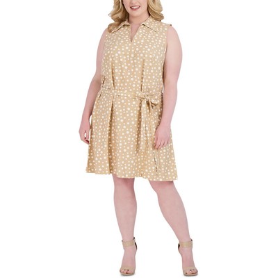 

Женское льняное платье-рубашка без рукавов до колена Signature By Robbie Bee Plus BHFO 3908, Tan/white
