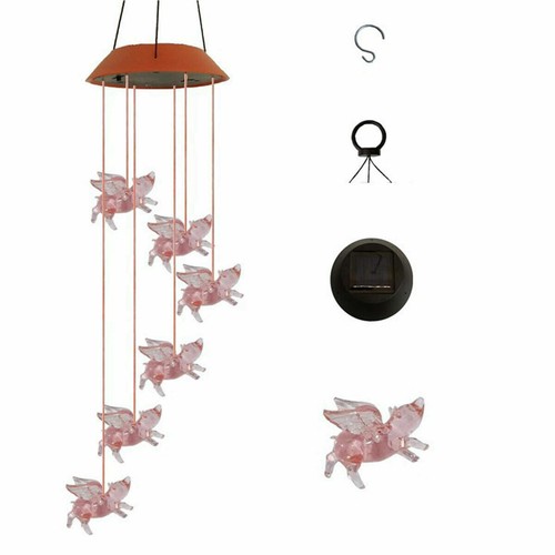 Solar Powered LED Flying Pigs Wind Chime Color-Changing Light Yard Garden Decor
