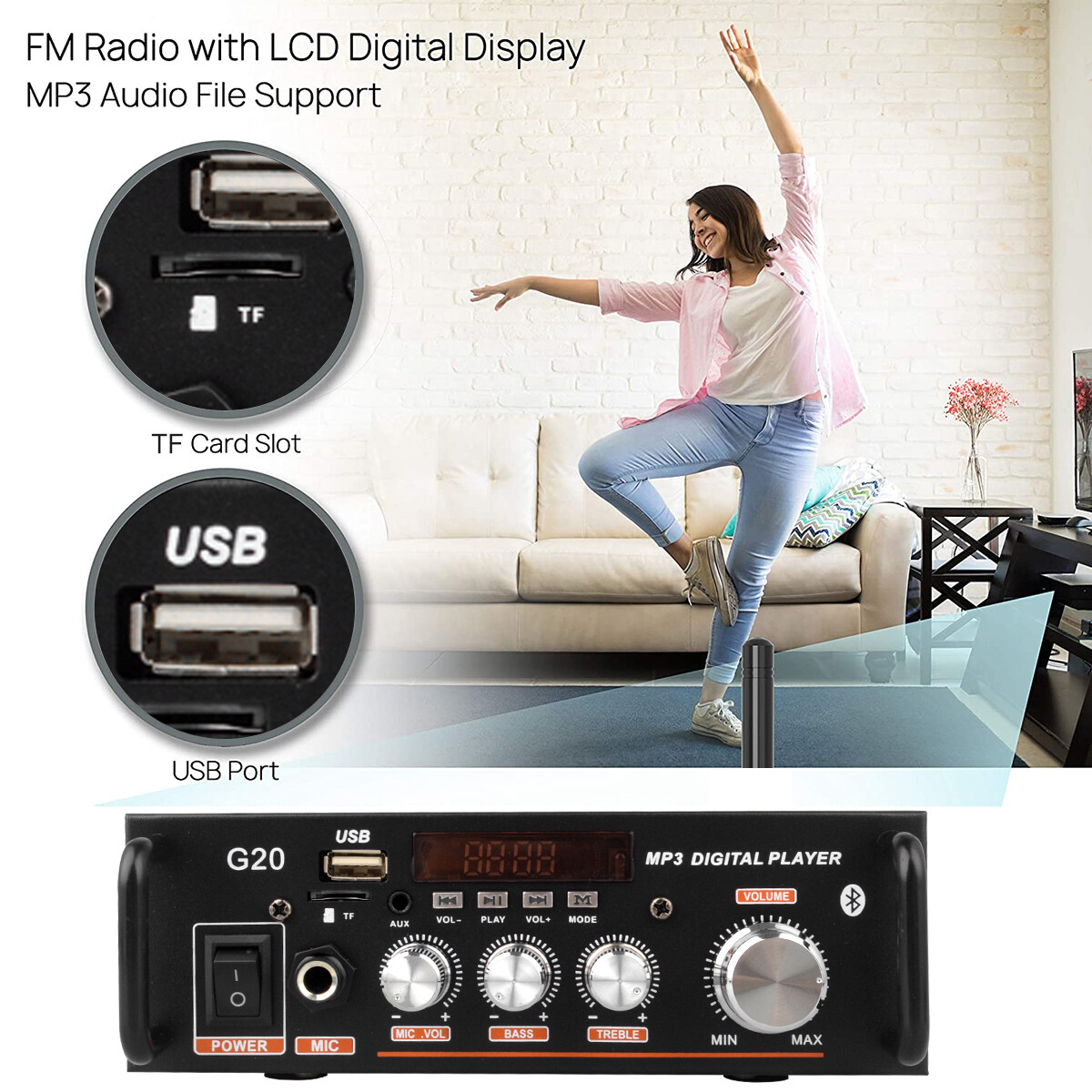 USB HiFi Bluetooth Power Amplifier AMP FM Audio w/ Remote 2 Channel Home Stereo