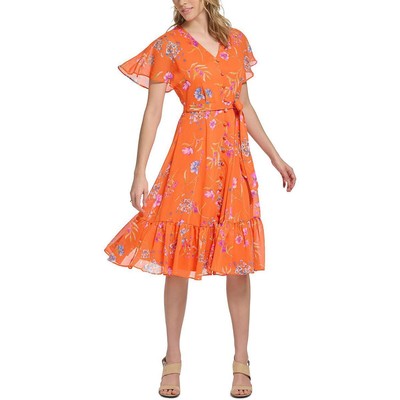 Женское вечернее платье Calvin Klein с оранжевыми пуговицами и расклешенными рукавами 2 BHFO 6827