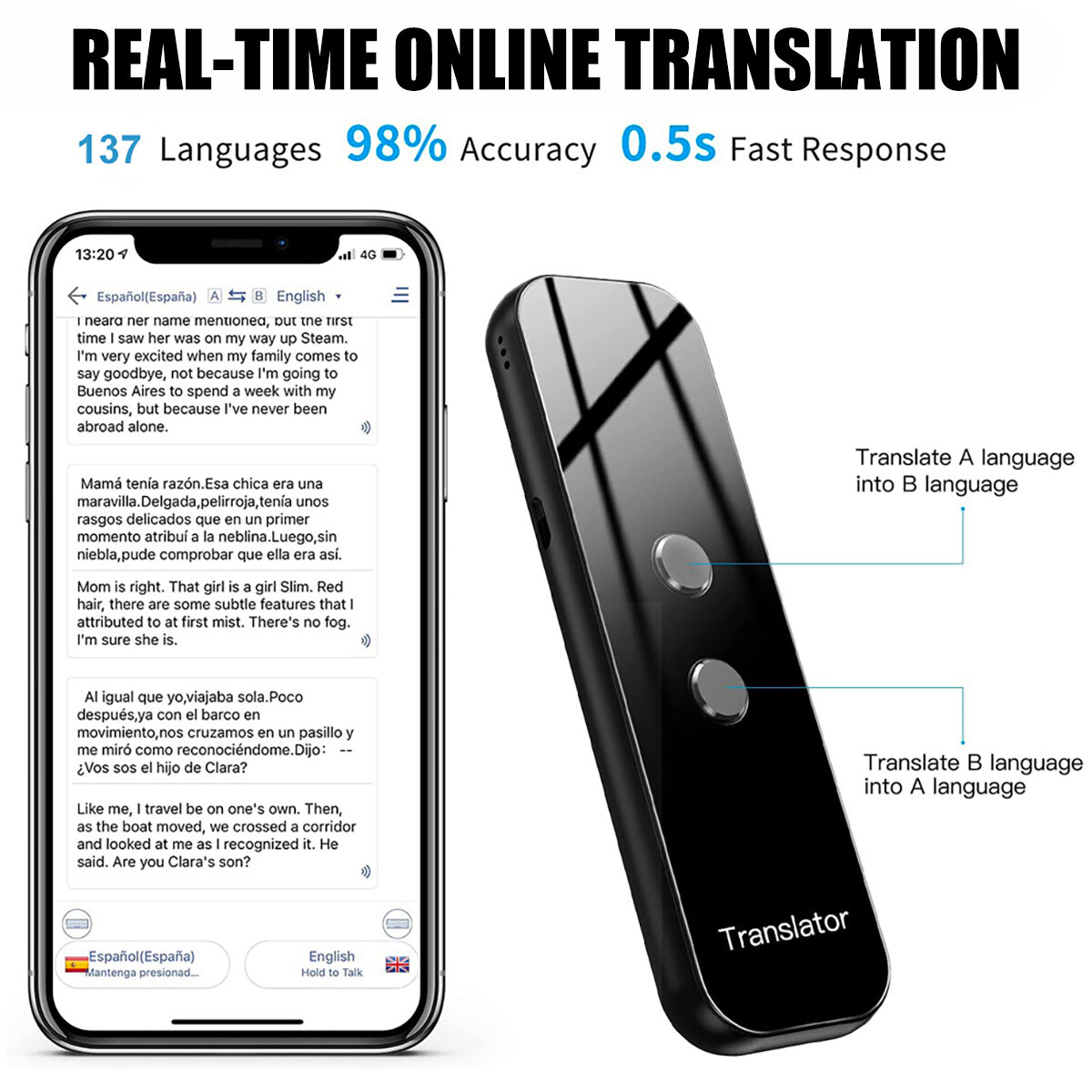137 Languages Real-Time Translator Device WiFi Two-Way Instant Offline Translate