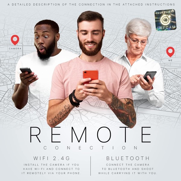 Three people using smartphones with remote camera connection ad.