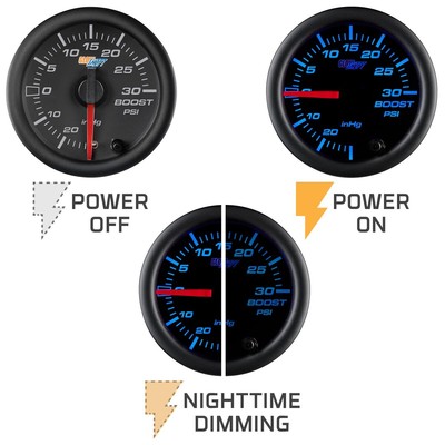 52mm Black Face Turbo Boost / Vacuum Pressure PSI Gauge w 7 Colors & Hose Kit