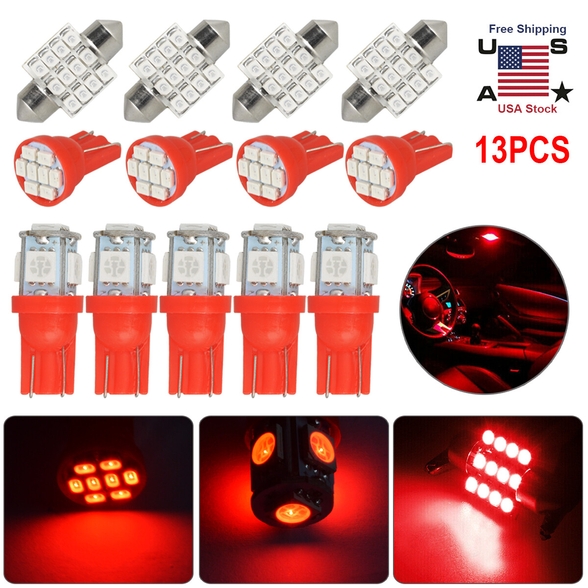 13Pcs Red LED Lights Car Interior Package Kit Dome Map License Plate Lamp Bulbs