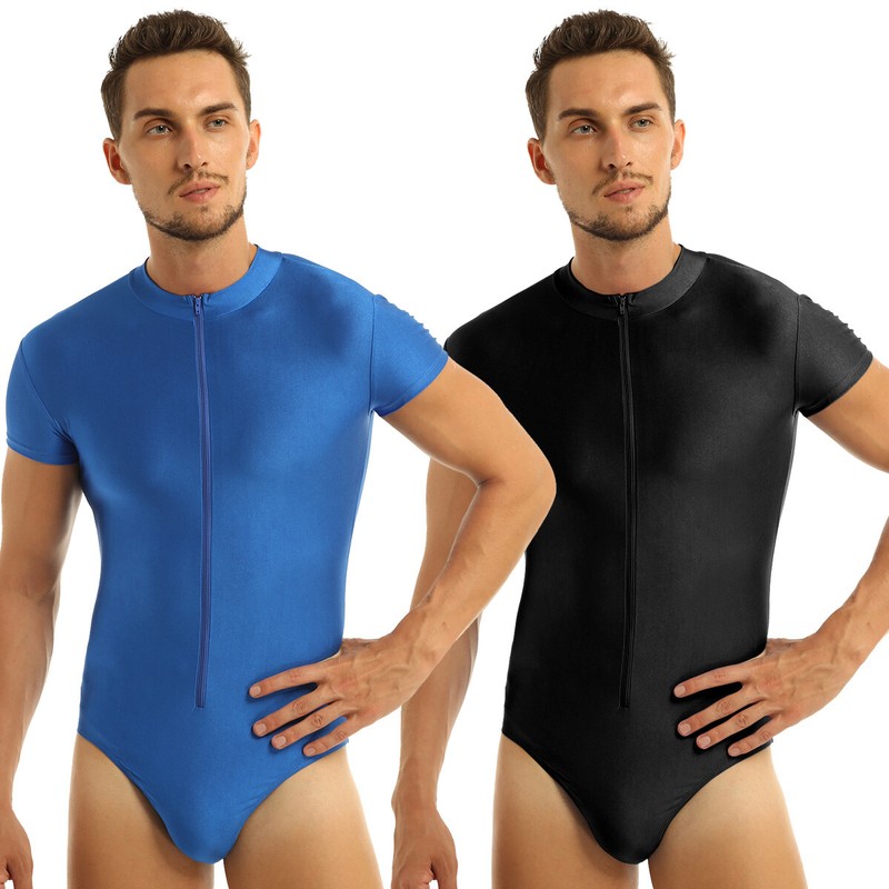 Mens Short Sleeve Bodysuit Leotard Gym Jumpsuit Swimwewar Zipper Top Underwear