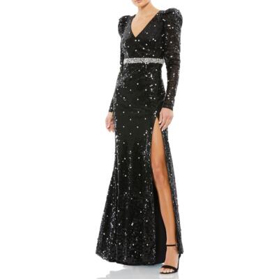

Женское платье Mac Duggal с пышными рукавами и V-образным вырезом и высоким разрезом, расшитое блестками, Черный