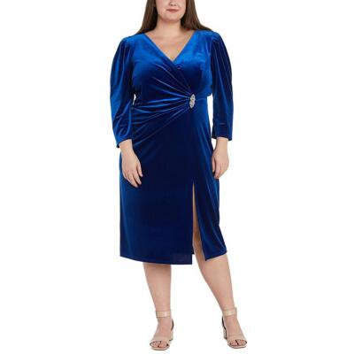 R&M Richards Womens Velvet V-Neck Midi Cocktail And Party Dress Plus BHFO 5507