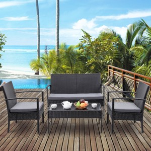 4 pcs outdoor patio rattan wicker furniture set table sofa cushioned deck black VLF7KR1V