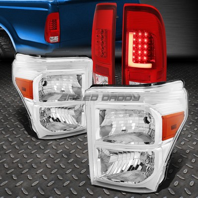 ХРОМИРОВАННАЯ ЯНТАРНАЯ ЧЕТЫРЕХЪЯДЕРНАЯ ФАРА + 3D LED КРАСНАЯ L-ОБРАЗНАЯ ПЛАНКА КРАСНОГО ЗАДНЕГО ФОНАРЯ ДЛЯ 11-16 SUPER DUTY