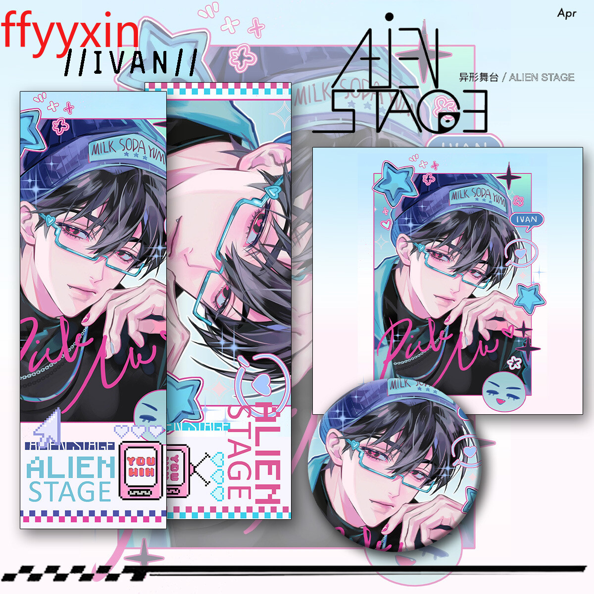 ✡️特選【原画一点物】イラストアート（額付） 3 pcs/set Anime Alien Stage ivan till Laser ticket Badge