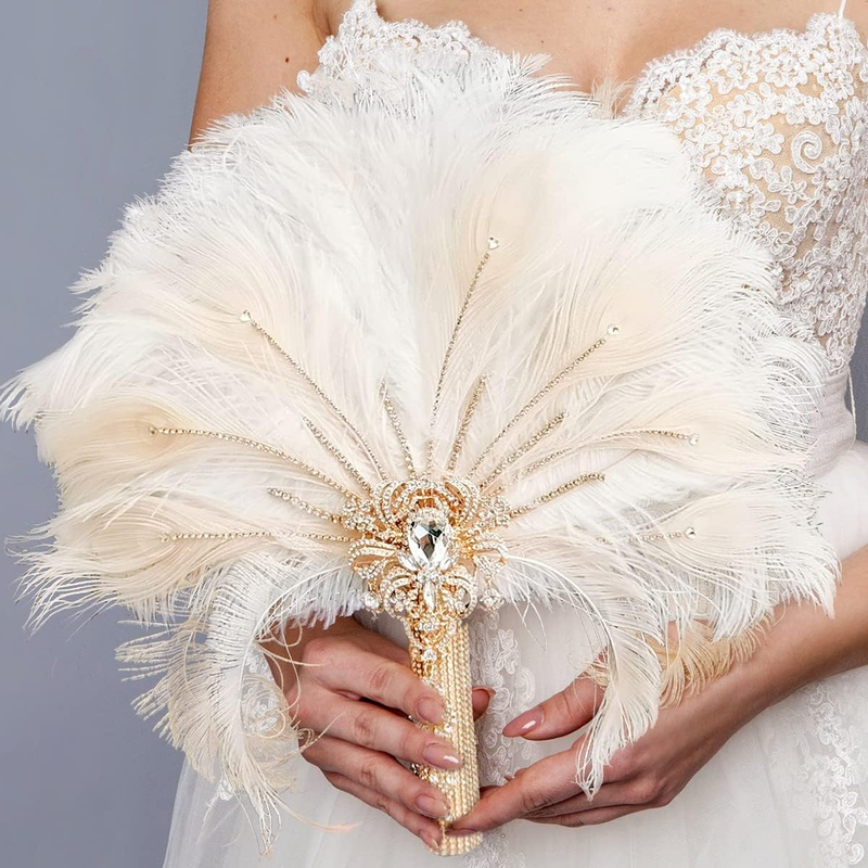 Gold Bridal Brooch Bouquet Ostrich Large Alternative Feather Fan Bridal Bouquet Ivory, Holding Flowers, 1920S Art Deco Wedding, 20S Bouquet