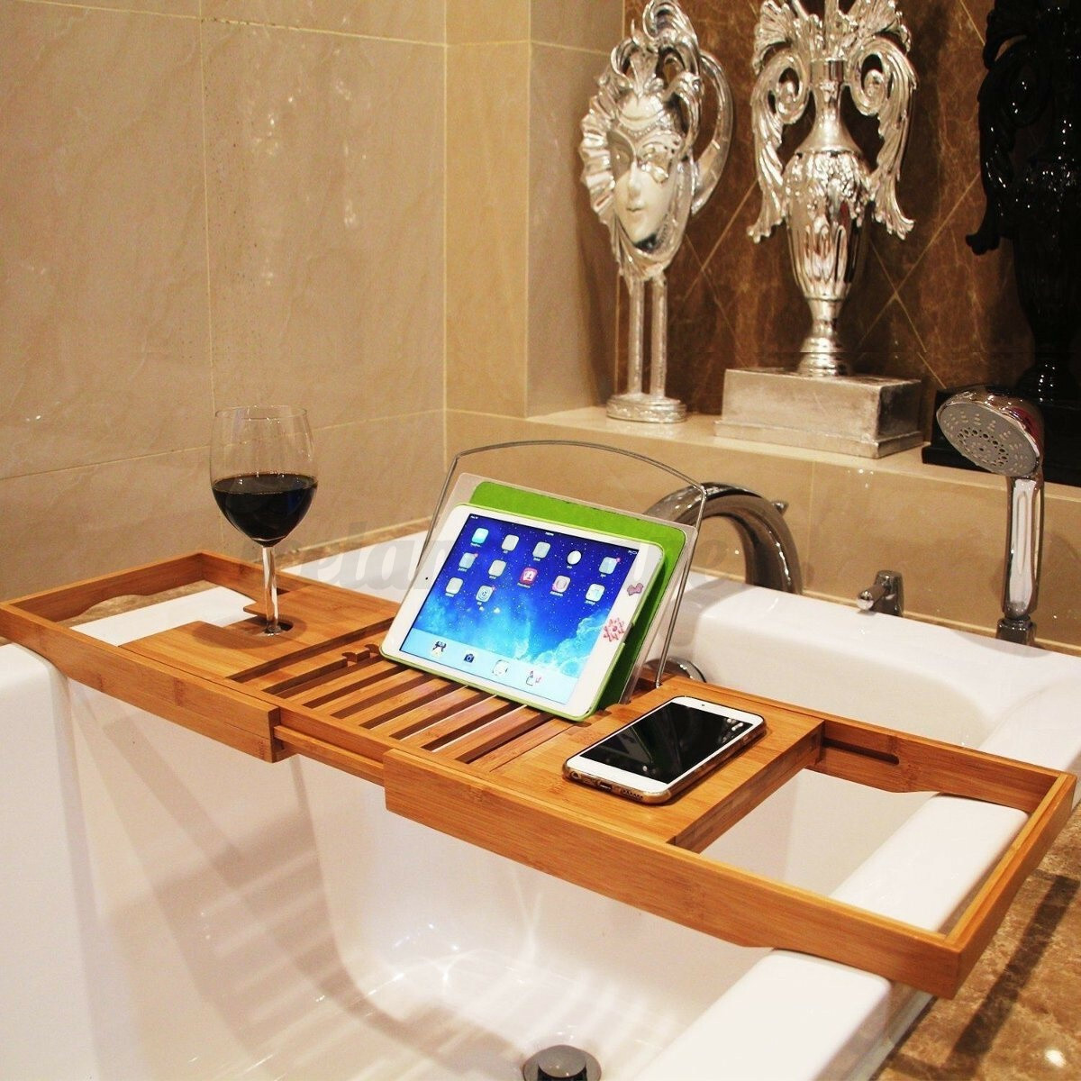 Bambus Badewannenablage ausziehbarer Integrierte Halterung für Tablet Wein Buch