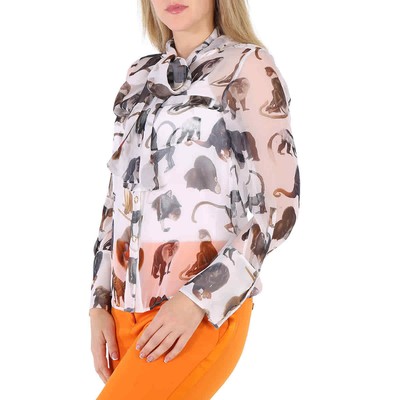 BURBERRY BURBERRY LADIES AMELIE MONKEY PRINT SILK PUSSY-BOW BLOUSE