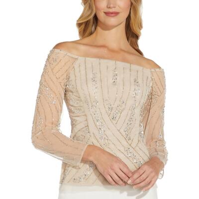 

Adrianna Papell Женская бежевая блузка с украшением в сеточку Top  BHFO 2124, Biscotti
