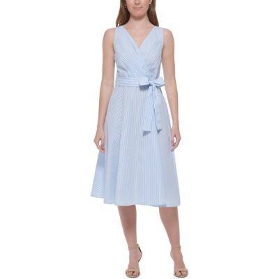 Tommy Hilfiger Womens Seersucker Midi Summer Fit & Flare Dress BHFO 1658