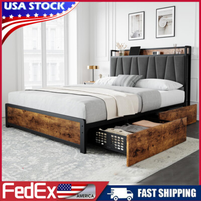 Full Queen Size Bed Frame with 4 Storage Drawers Upholstered Headboard Platform