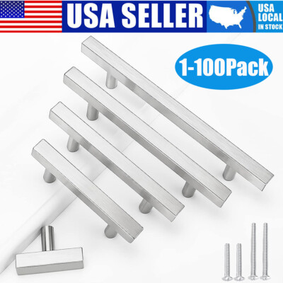 Brushed Nickel Square Modern Cabinet Handles Pulls Knobs Kitchen Stainless Steel