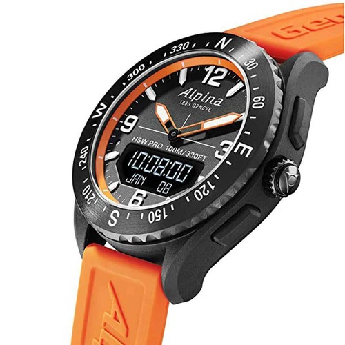 Pre-owned Alpina Men's Alpinerx Smart Watch Quartz Alarm Orange Rubber Strap Al-283lbo5aq6 In Black