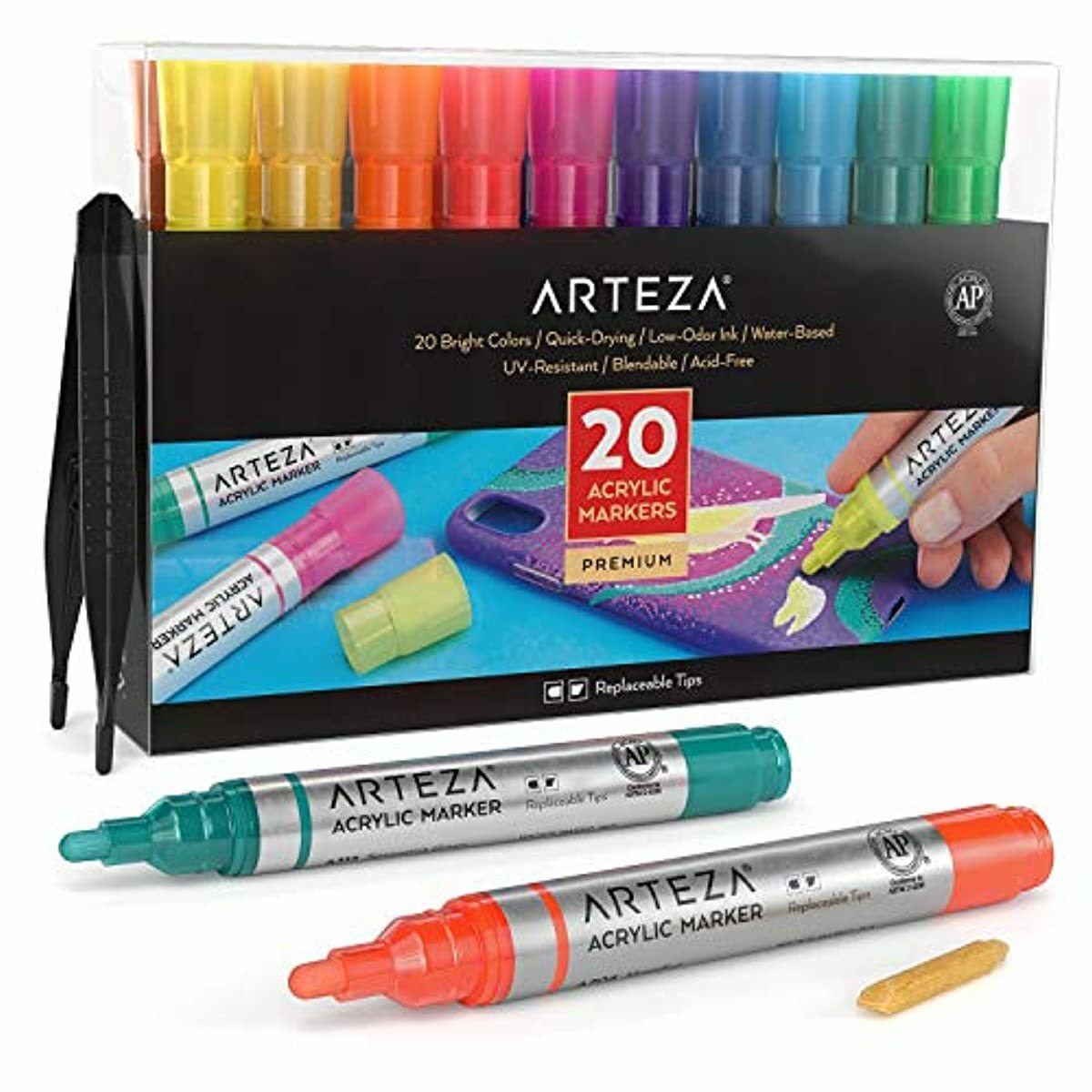 Arteza Acrylic Paint Markers, Set of 20 Assorted Color Pens