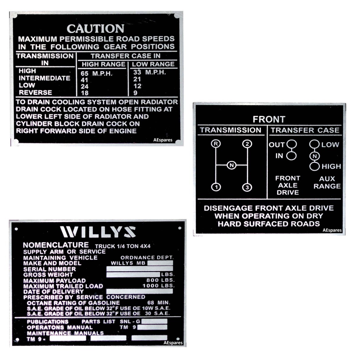 Dash Data Plate Aluminum Black Set Of 3 For Jeeps Willys Ford CJ2A CJ3A CJ3 